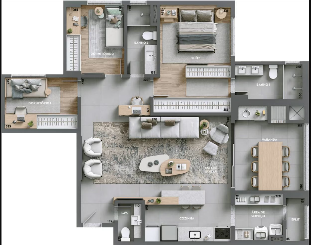 Planta baixa 119m² - 1 suíte + 2 quartos